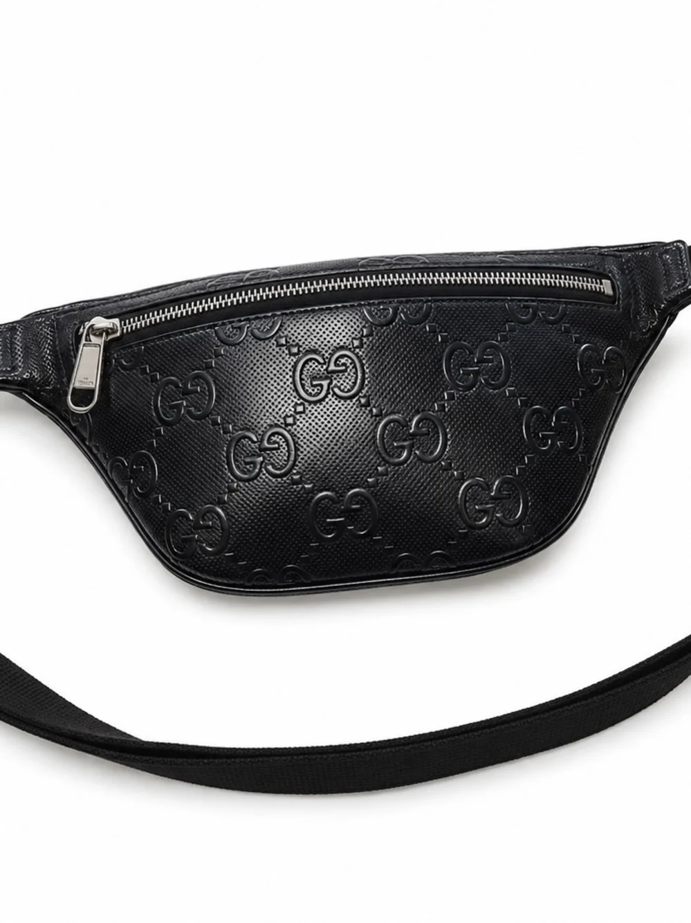Gucci Black Embossed GG Leather Belt Bag with Silver Zipper